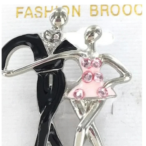 Dancing Couple Pink and Black Brooch/Pin with Rhinestones - Picture 1 of 2